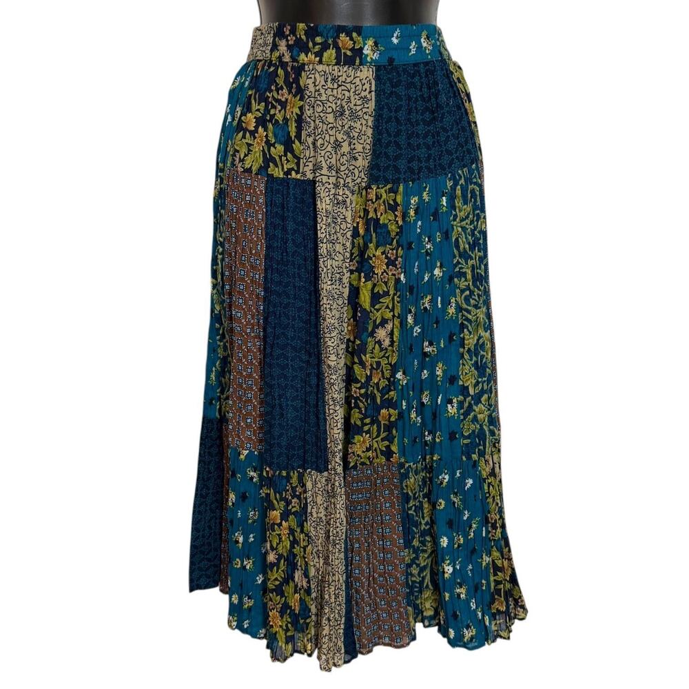 VINTAGE SAG HARBOR BOHO PATCHWORK CRINKLE MAXI SKIRT BLUE FLORAL PRARIE BOHO S